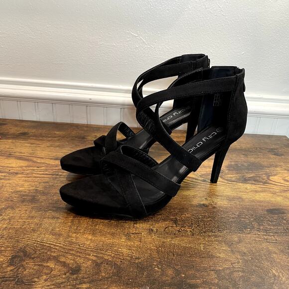 City Chic US 11 EU 42 Heels Justine Black Strappy NEW 3.75" Faux Suede Evening - Picture 2 of 9